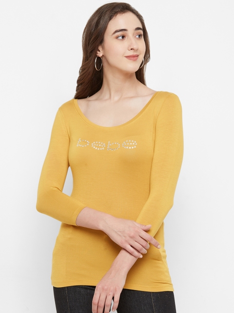 

bebe Women Yellow Solid Round Neck T-shirt With Embellishment