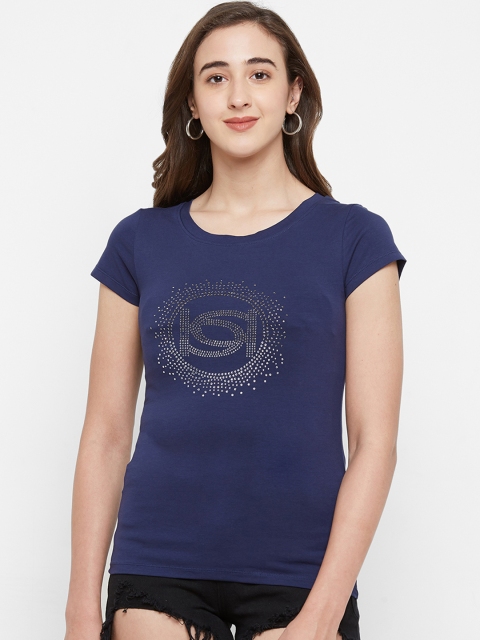

bebe Women Navy Blue Printed Round Neck T-shirt
