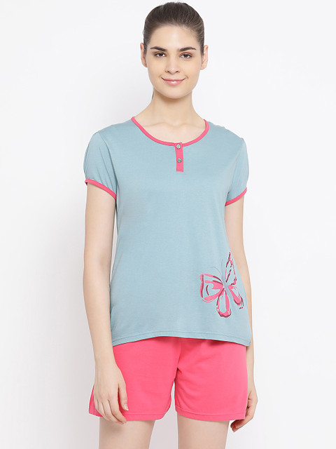 

Kanvin Women Blue & Pink Solid Night suit With Printed Detail