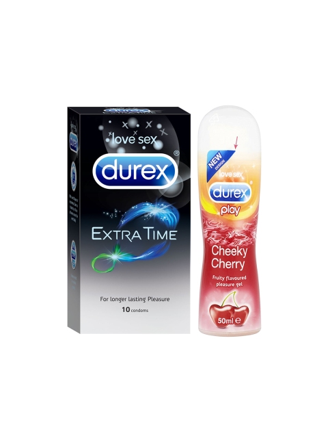 

Durex Pack of 10 Extra Time Condoms & Play Lubricant Gel - Cheeky Cherry 50 ml, Multi