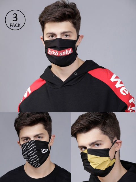 

Ecko Unltd Men 3 Pcs 2-Ply Printed Reusable Anti-Pollution Cotton Masks, Black