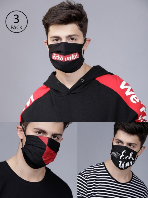 

Ecko Unltd Men 3 Pcs 2-Ply Printed Reusable Anti-Pollution Cotton Masks, Black