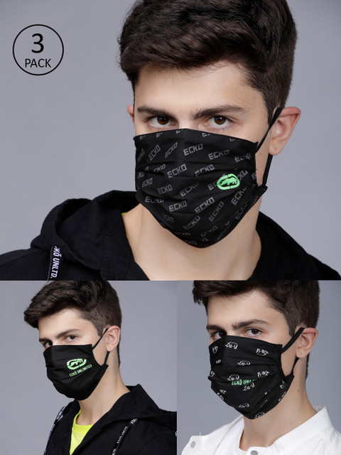 

Ecko Unltd Men 3 Pcs 2-Ply Printed Reusable Anti-Pollution Cotton Masks, Black