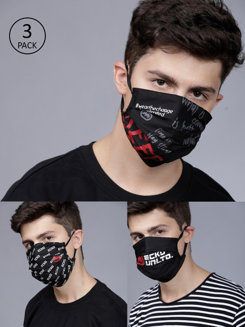 

Ecko Unltd Men 3 Pcs 2-Ply Printed Reusable Anti-Pollution Cotton Masks, Black