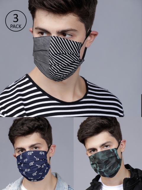 

HIGHLANDER Men 3 Pcs 2-Ply Printed Reusable Anti-Pollution Cotton Masks, Navy blue