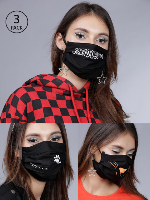 

Tokyo Talkies Women 3 Pcs 2-Ply Printed Reusable Anti-Pollution Cotton Masks, Black