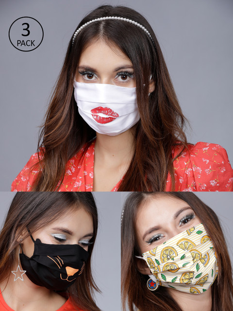 

Tokyo Talkies Women 3 Pcs 2-Ply Printed Reusable Anti-Pollution Cotton Masks, White