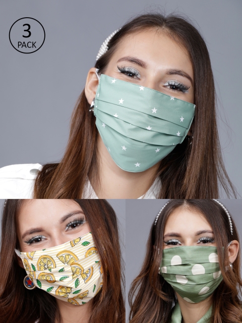 

Tokyo Talkies Women 3 Pcs 2-Ply Printed Reusable Anti-Pollution Cotton Viscose Masks, Green