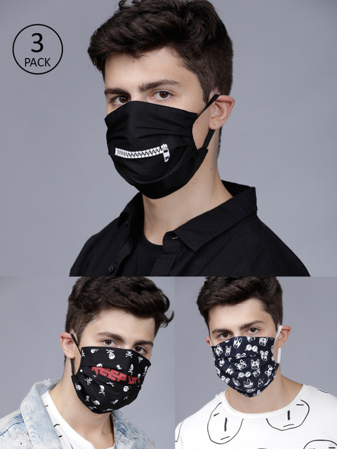 

LOCOMOTIVE Men 3 Pcs 2-Ply Printed Reusable Anti-Pollution Cotton Masks, Black