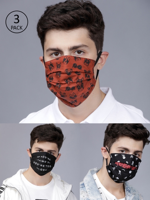 

LOCOMOTIVE Men 3 Pcs 2-Ply Printed Reusable Anti-Pollution Cotton Masks, Rust
