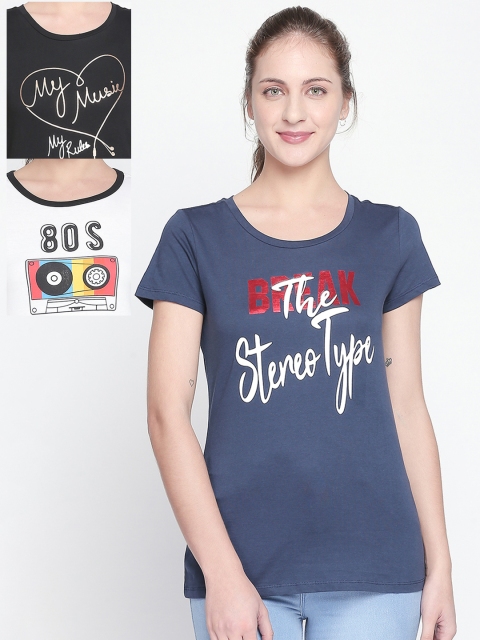 

Honey by Pantaloons Women Black Printed Round Neck Pure Cotton T-shirt