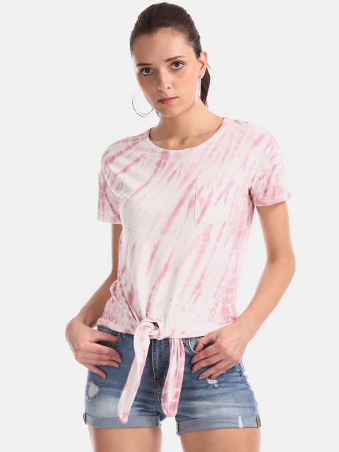 

Aeropostale Women Pink & White Dyed Top with Waist Tie-up