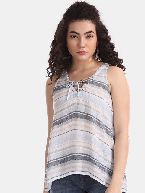 

Aeropostale Women Off-White & Blue Striped A-Line Top