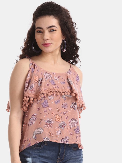 

Aeropostale Women Pink Floral Printed Tiered Top