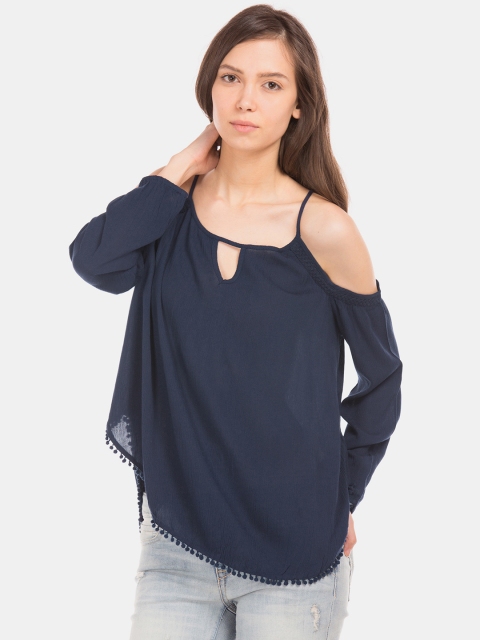 

Aeropostale Women Navy Blue Solid Cold-Shoulder A-Line Top