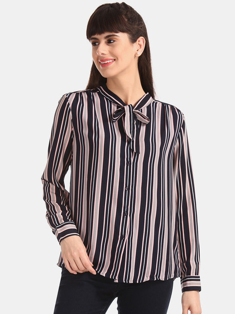 

ELLE Women Blue & Pink Regular Fit Striped Casual Shirt