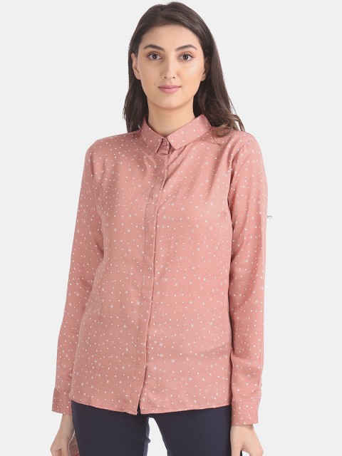 

ELLE Women Pink & White Regular Fit Printed Casual Shirt