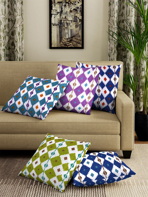 

NEUDIS Purple & Green Set of 5 Geometric Print Square Cushion Covers