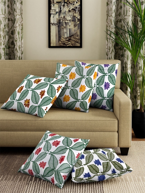 

NEUDIS White & Green Set of 5 Floral Printed Square Cushion Covers