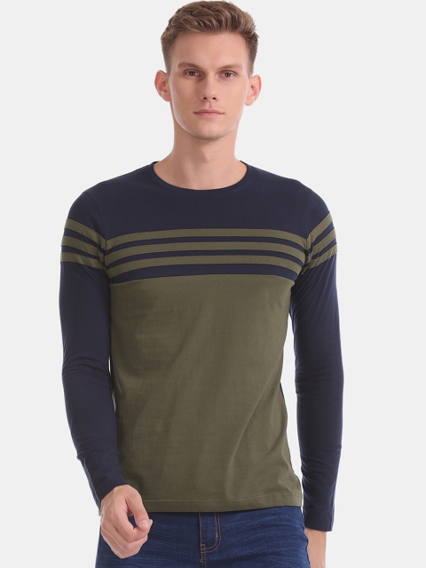 

Ruggers Men Olive Green & Navy Blue Striped Round Neck T-shirt