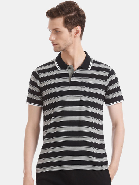 

Ruggers Men Black & Grey Striped Polo Collar T-shirt