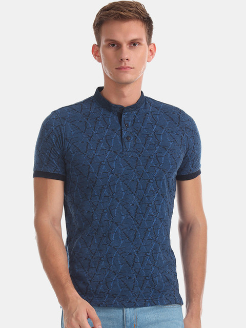 

Ruggers Men Blue Printed Mandarin Collar T-shirt