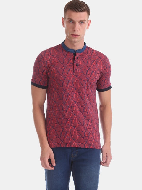 

Ruggers Men Pink & Blue Printed Mandarin Collar T-shirt