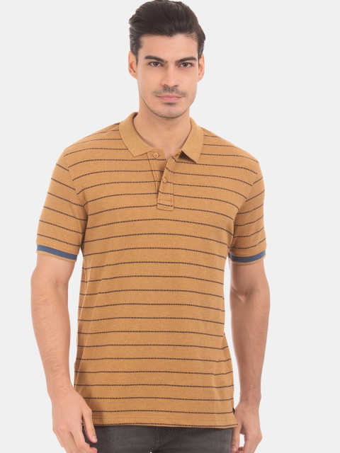 

Ruggers Men Mustard Yellow & Navy Blue Striped Polo Collar T-shirt