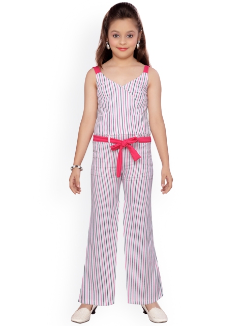 

Aarika Girls White & Pink Striped Basic Jumpsuit