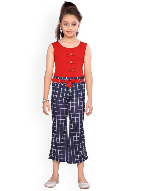 

Aarika Girls Red & Navy Blue Checked Capri Jumpsuit