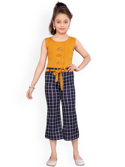 

Aarika Girls Yellow & Navy Blue Checked Capri Jumpsuit