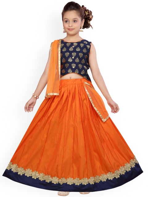 

Aarika Girls Navy Blue & Orange Embroidered Ready to Wear Lehenga & Blouse with Dupatta