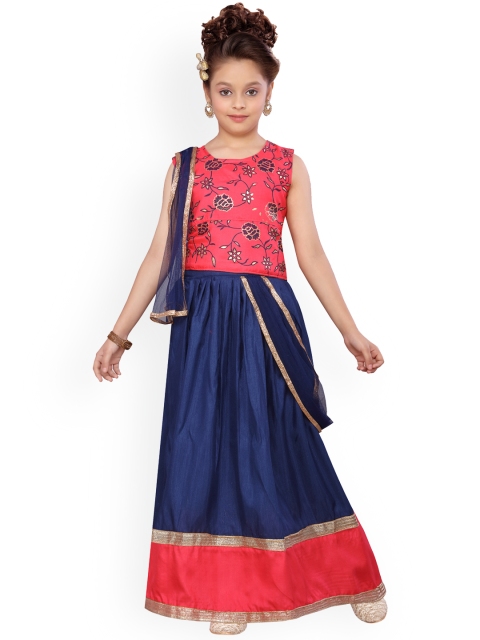 

Aarika Girls Red & Navy Blue Printed Ready to Wear Pattu Pavadai with Dupatta
