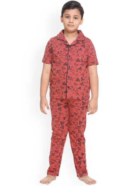 

Kanvin Boys Rust Red & Navy Blue Printed Night suit