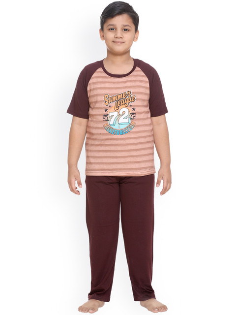

Kanvin Boys Brown & Peach-Coloured Printed Night suit