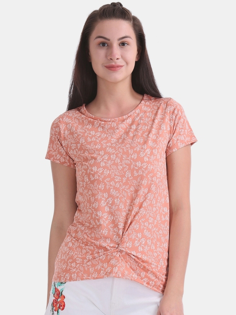 

ELLE Women Peach-Coloured Floral Printed Round Neck T-shirt