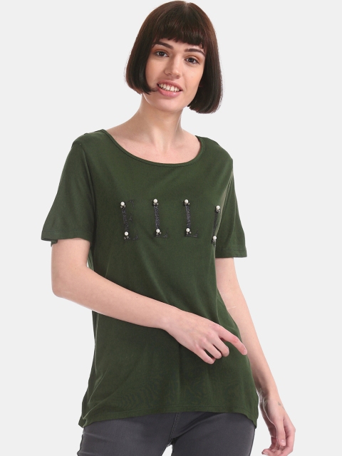 

ELLE Women Olive Green Printed Round Neck T-shirt