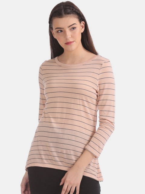 

ELLE Women Pink & Grey Striped Round Neck T-shirt