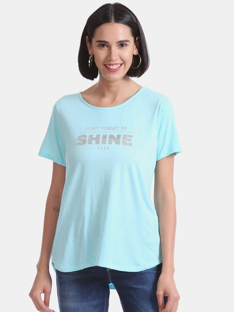 

ELLE Women Blue Printed Round Neck T-shirt