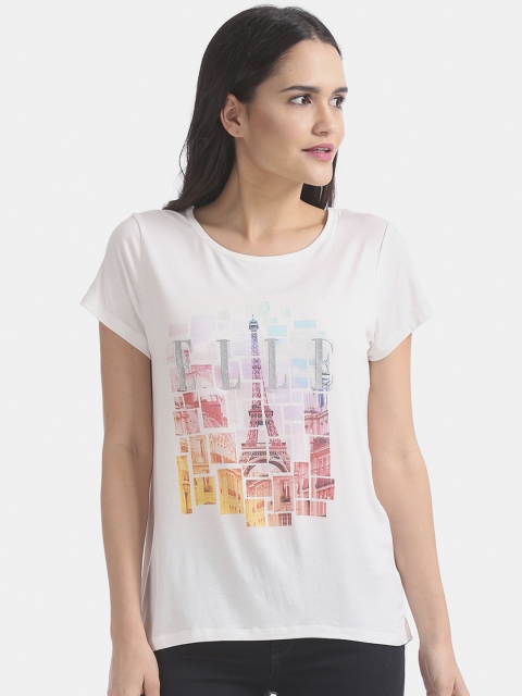 

ELLE Women Off-White Printed Round Neck T-shirt