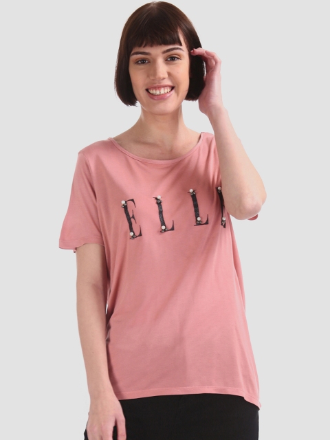 

ELLE Women Pink Printed Round Neck T-shirt With Embellishment