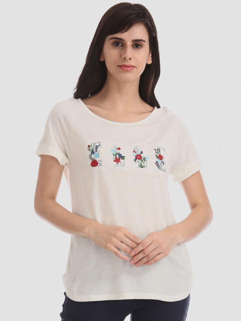 

ELLE Women Off-White Printed Round Neck T-shirt