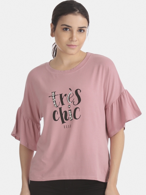 

ELLE Women Pink Printed Round Neck T-shirt