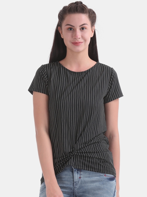 

ELLE Women Black & White Striped Round Neck T-shirt