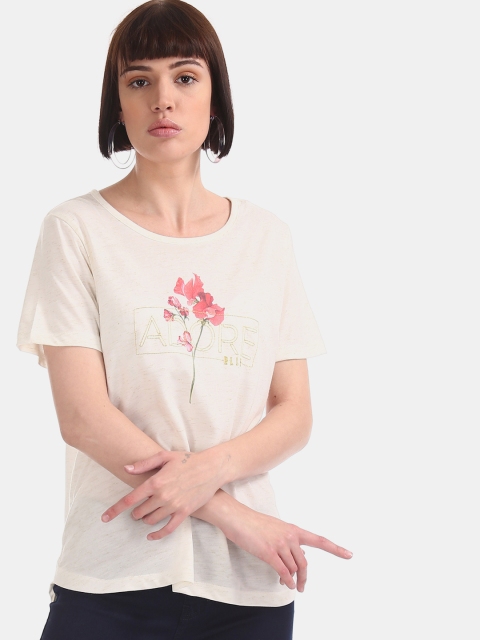 

ELLE Women Off-White Printed Round Neck T-shirt