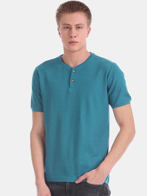 

Cherokee Men Teal Blue Solid Slim Fit Henley Neck T-shirt