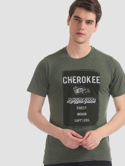 

Cherokee Men Olive Green Printed Round Neck T-shirt