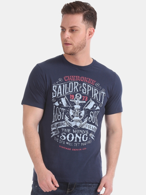 

Cherokee Men Navy Blue Printed Round Neck T-shirt