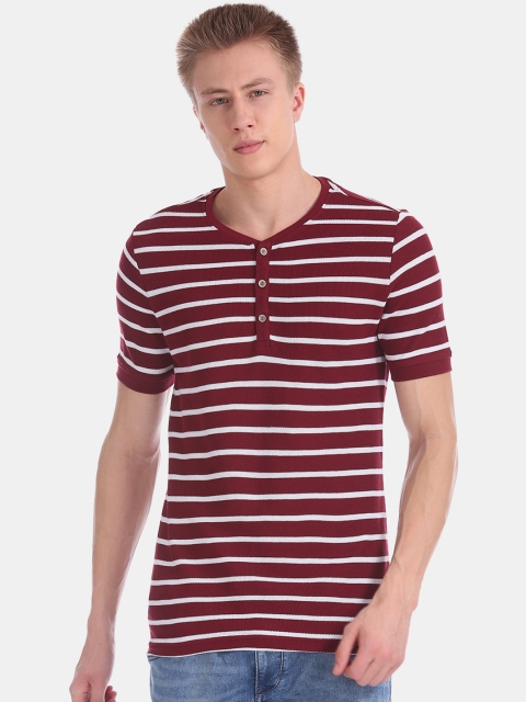 

Cherokee Men Burgundy & White Striped Slim Fit Henley Neck T-shirt