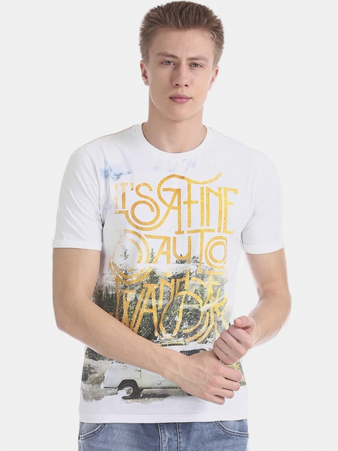 

Cherokee Men White Printed Round Neck Pure Cotton T-shirt